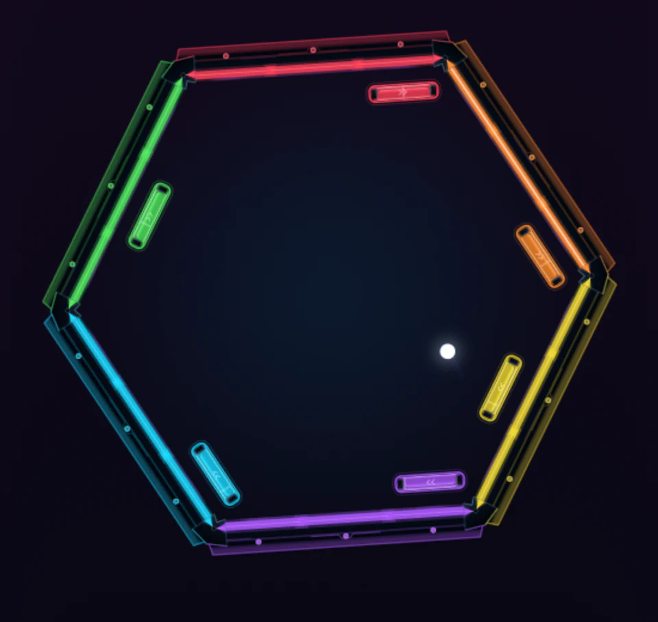 Hexapong arena with six illuminated paddles around a glowing ball