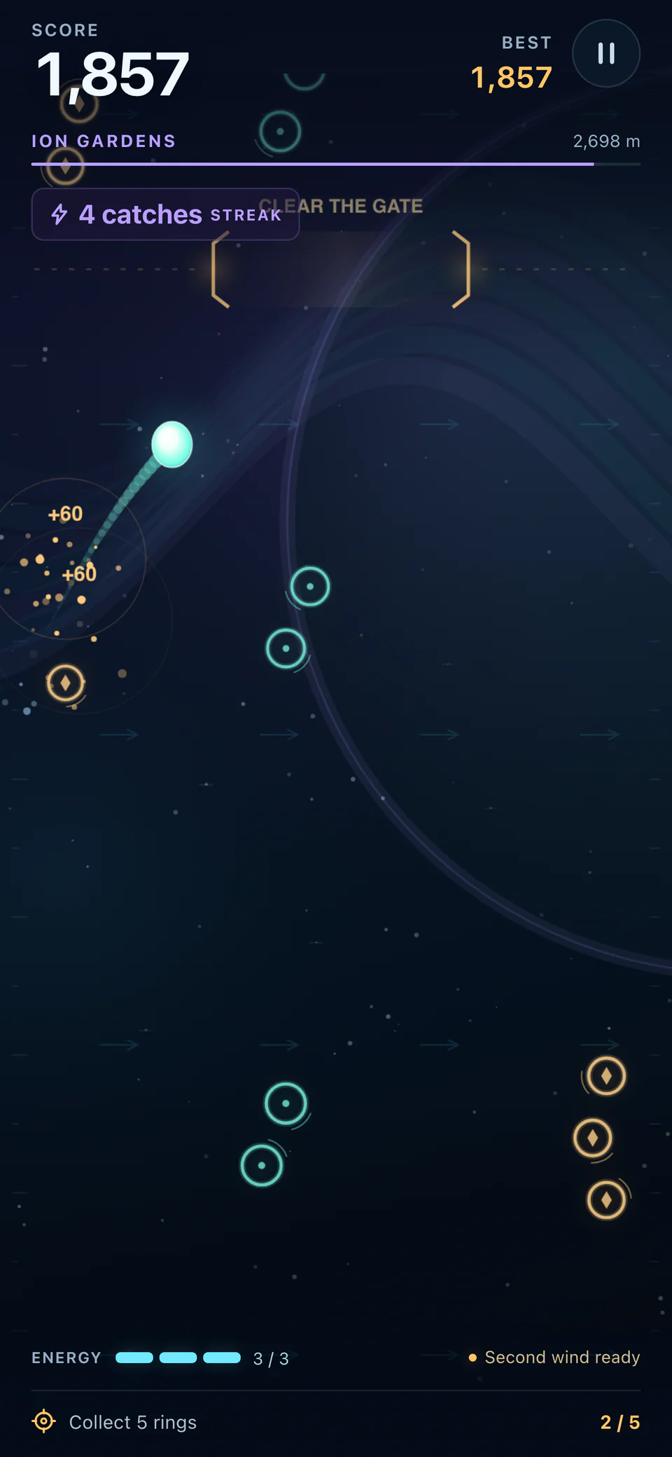 Trajecto's glowing orb climbing through mint rings and orbital gates